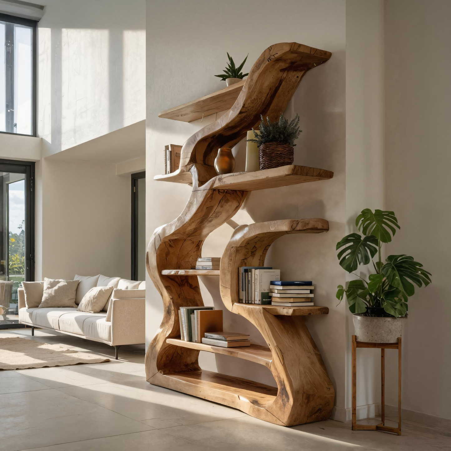 Organic Sculptural Bookshelf With Curved Design For Living Room