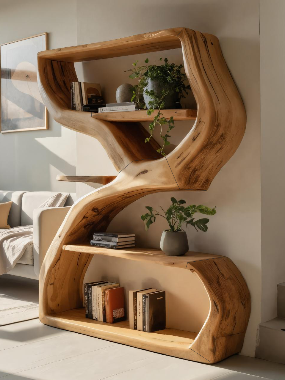 Modern Sculptural Bookshelf With S Shaped Design For Living Room
