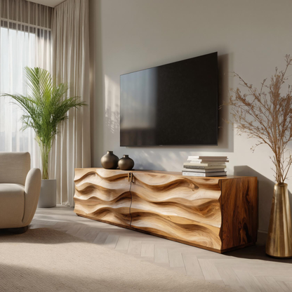 Handmade Carved Media Console With Wave Front For Living Room