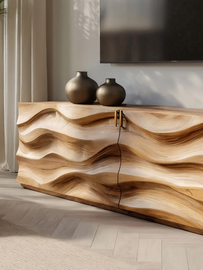 Handmade Carved Media Console With Wave Front For Living Room