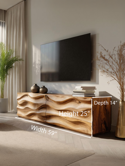 Handmade Carved Media Console With Wave Front For Living Room