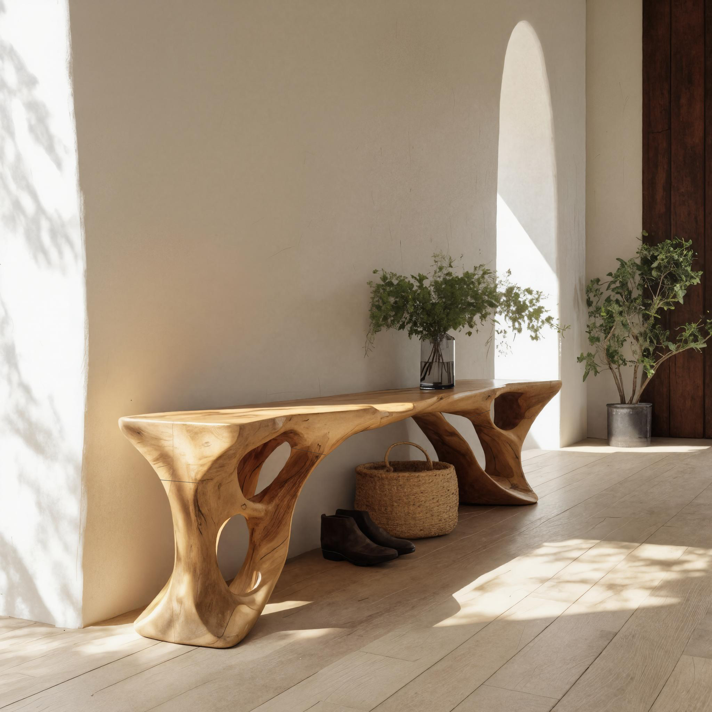 Sculptural Bench With Carved Design For Entryway