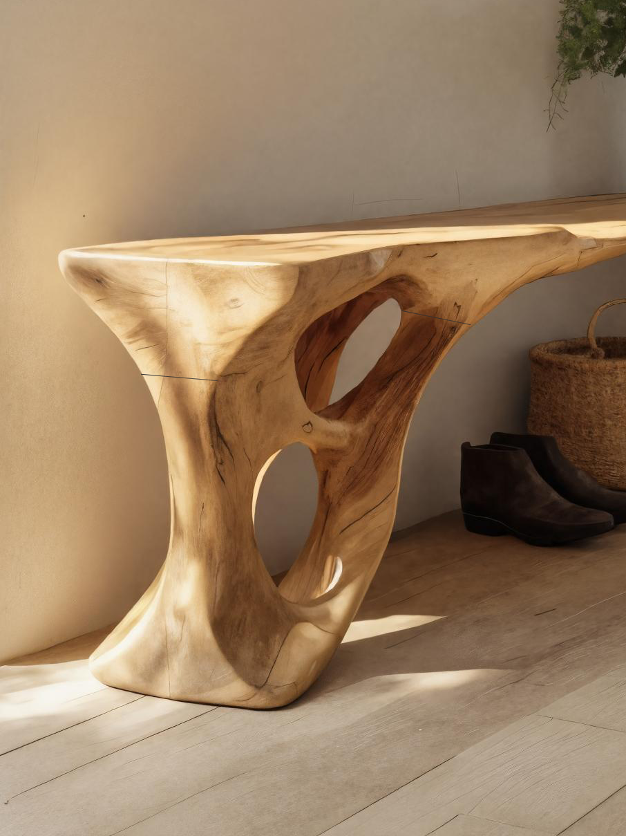 Sculptural Bench With Carved Design For Entryway