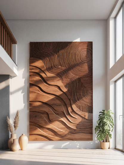 Sculptural Carved Wall Art With Wave Patterns For Living Room