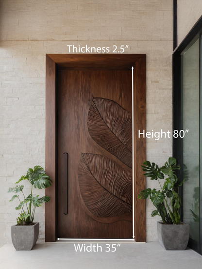 Carved Door With Tropical Leaf Design For Entryway