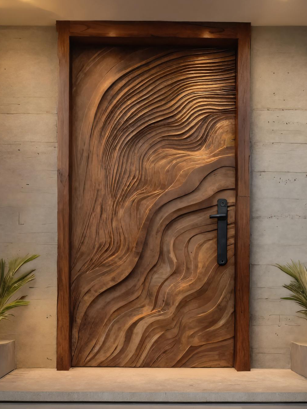 Sculptural Door With Flowing 3D Wave Pattern For Entryway