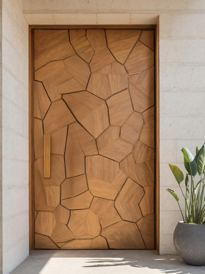 Carved Door With Geometric Polygon Pattern For Entryway
