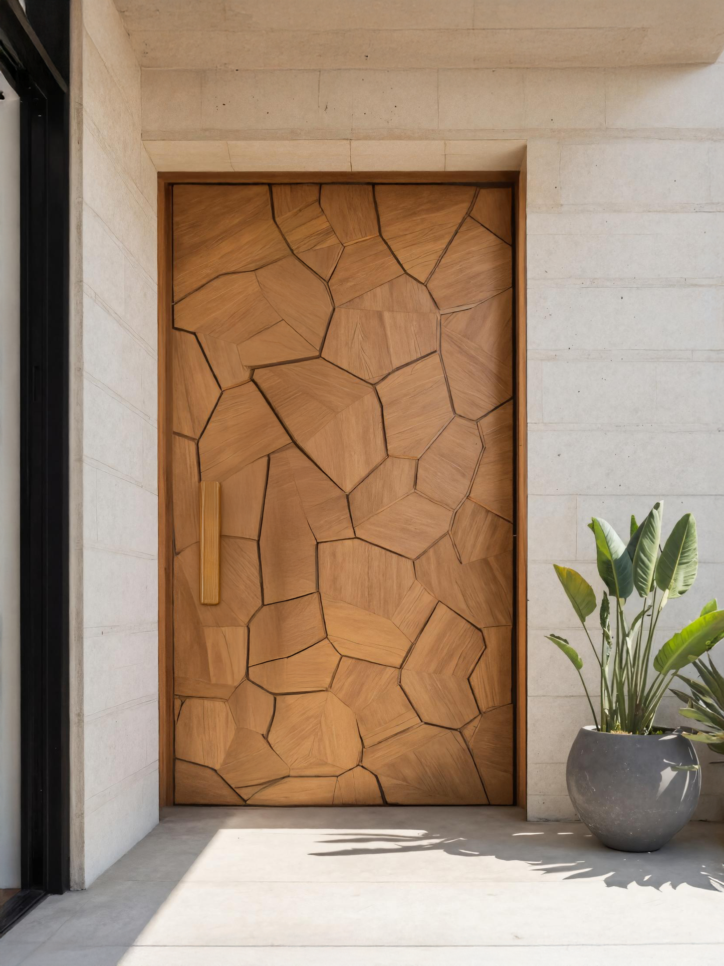 Carved Door With Geometric Polygon Pattern For Entryway