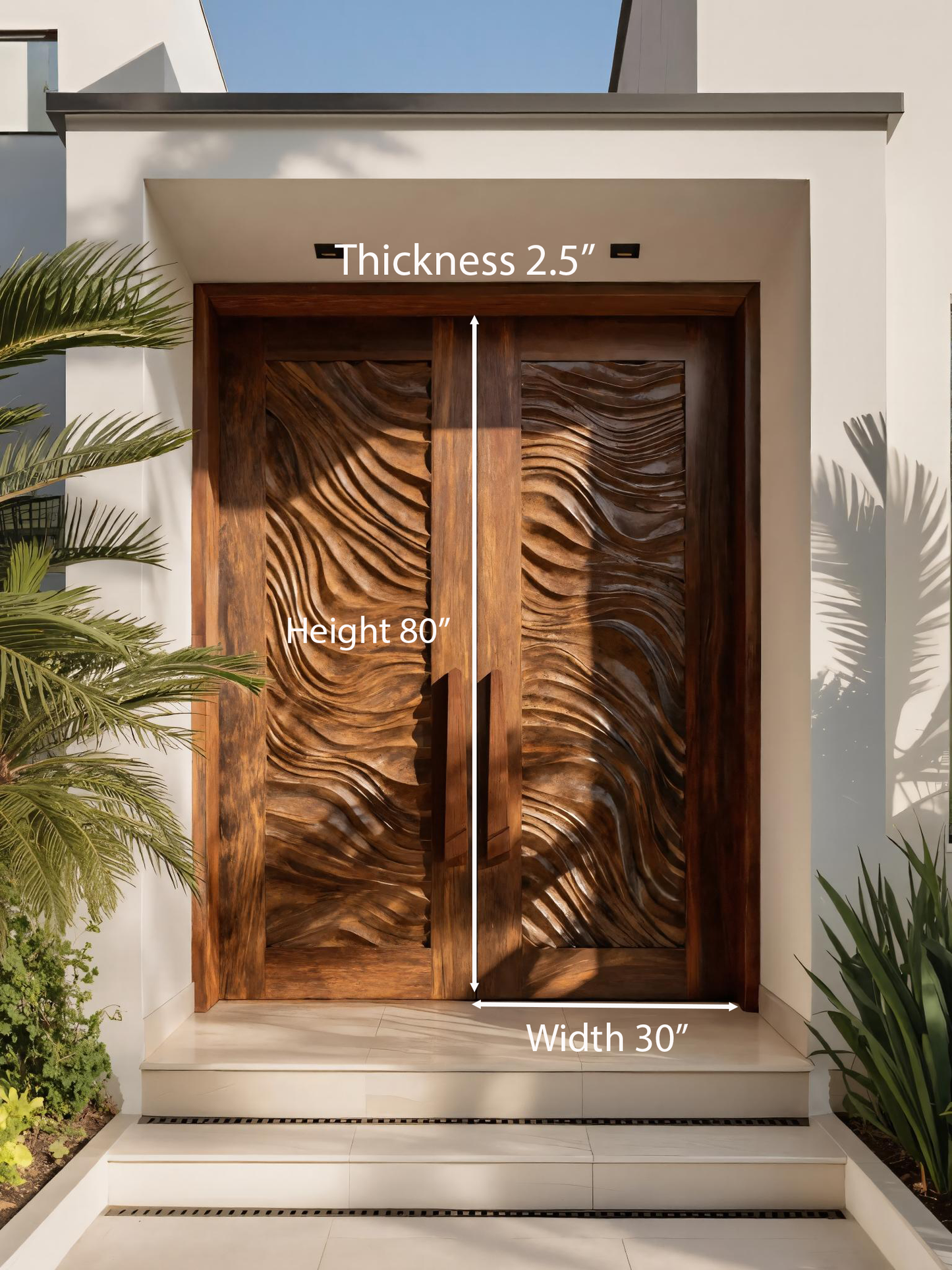 Sculptural Double Front Door With Wave Pattern For Entryway