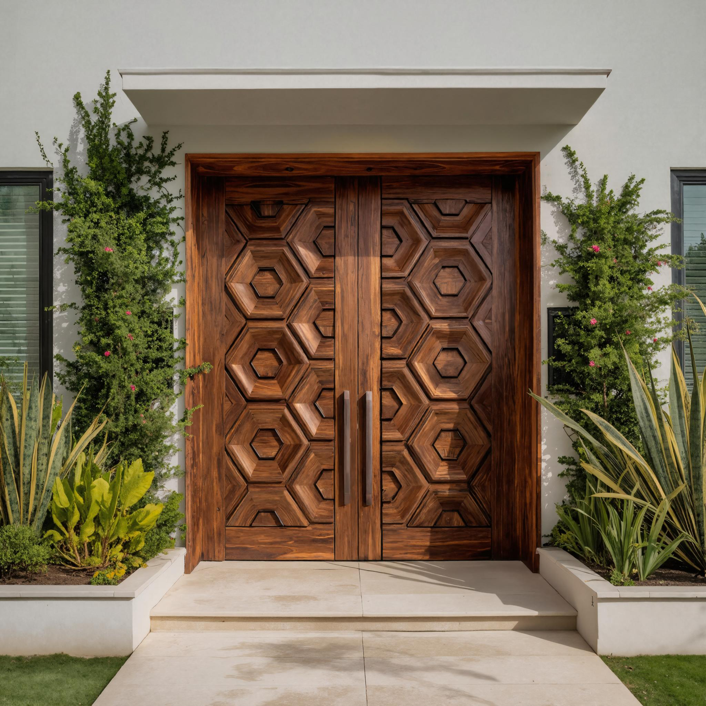 Geometric Carved Double Front Door For Modern Exterior