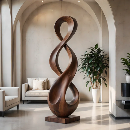 Infinity loop sculpture with smooth flowing curves and elegant walnut tone finish tall floor décor
