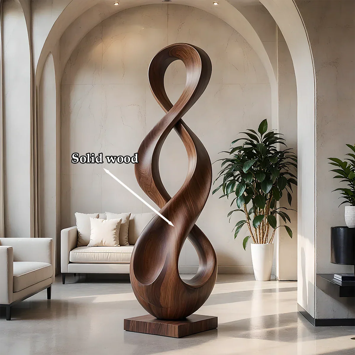 Tall modern sculpture décor designed with endless loop structure and refined walnut tone finish
