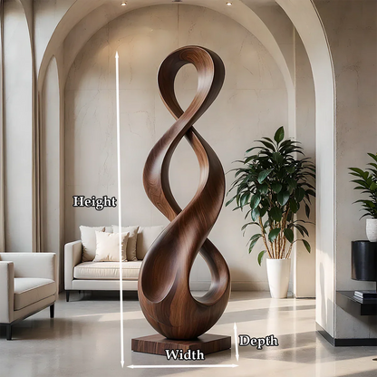 Organic loop floor sculpture featuring fluid curves and smooth walnut tone finish appearance