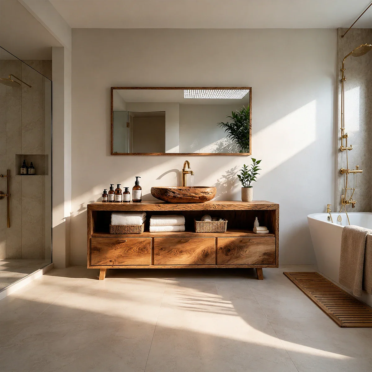 Bathroom with wooden vanity, sink, and bathtub with towel