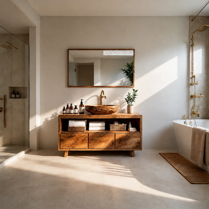 Rustic Natural Solid Wood Bathroom Vanity With Open Shelf And Drawers