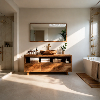Rustic Natural Solid Wood Bathroom Vanity With Open Shelf And Drawers