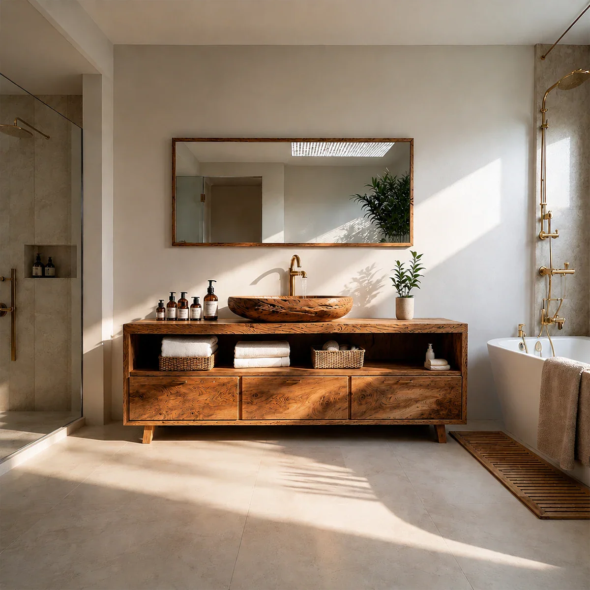 Rustic Natural Solid Wood Bathroom Vanity With Open Shelf And Drawers