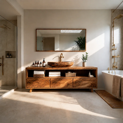 Rustic Natural Solid Wood Bathroom Vanity With Open Shelf And Drawers