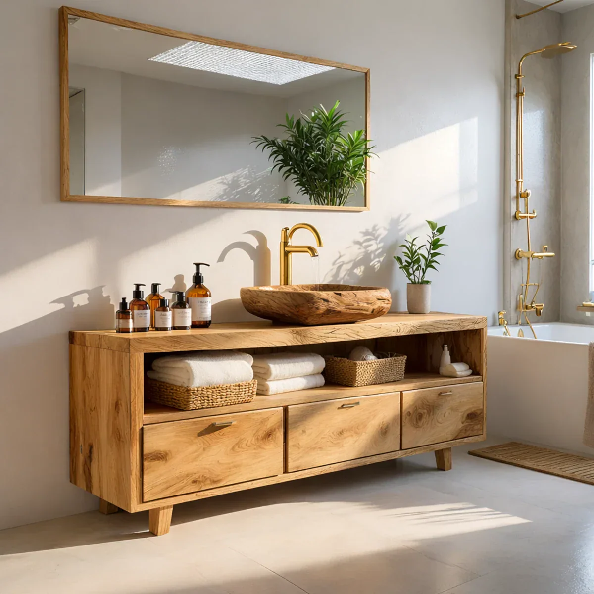 Premium walnut bathroom vanity with natural wood texture