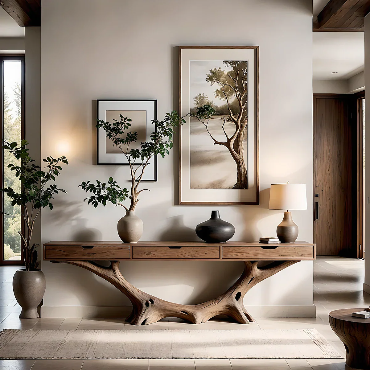 Large entryway styled with a solid wood console table featuring organic root style base and drawers