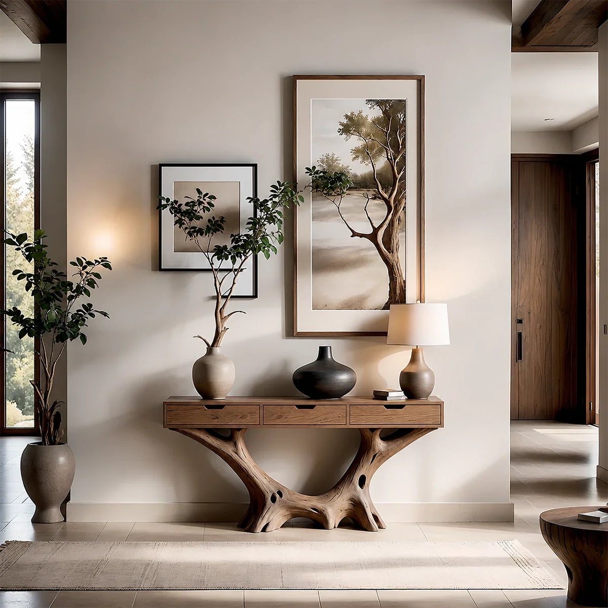 Organic Driftwood Style Console Table in Natural Solid Wood with Drawers
