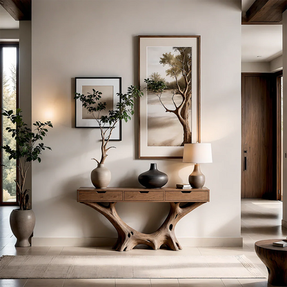 Organic Driftwood Style Console Table in Natural Solid Wood with Drawers