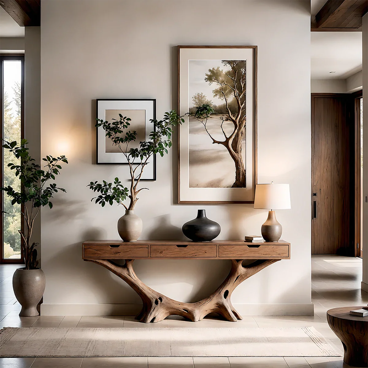 Organic Driftwood Style Console Table in Natural Solid Wood with Drawers