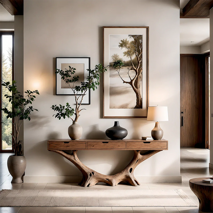 Organic Driftwood Style Console Table in Natural Solid Wood with Drawers