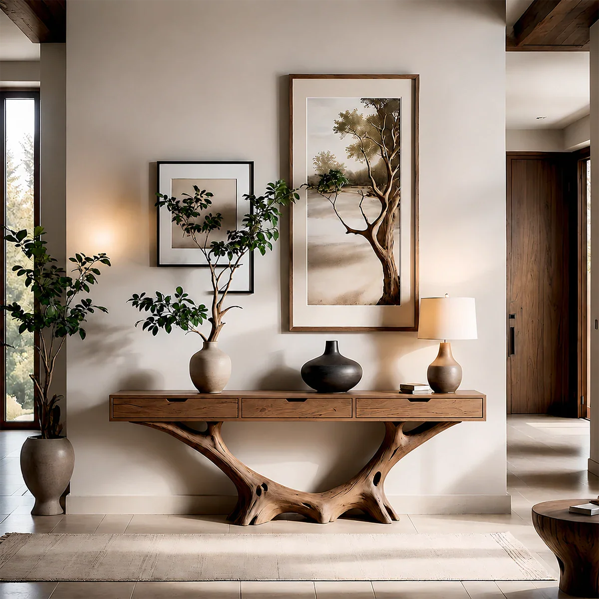 Organic Driftwood Style Console Table in Natural Solid Wood with Drawers