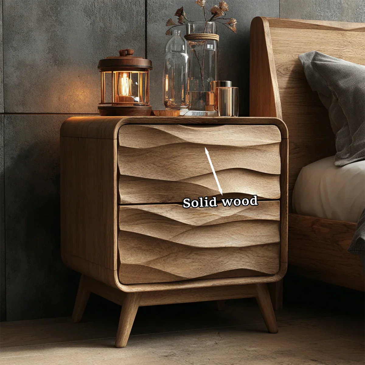 Functional bedside unit showcasing sculpted drawer layers and warm oak tone finish