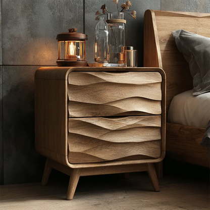 Layered wave nightstand featuring three drawer storage and smooth oak tone finish bedside décor