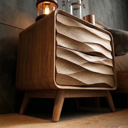 Decorative modern nightstand featuring artistic drawer waves and rich oak tone finish detail