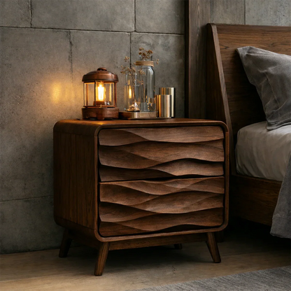Minimalist bedroom nightstand featuring layered textured drawers and elegant walnut tone finish