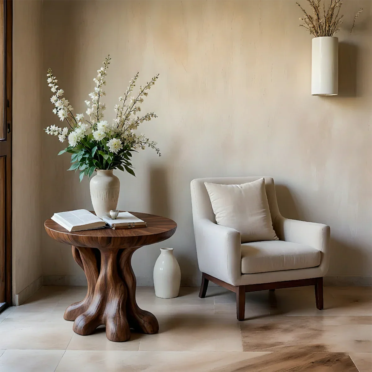 A compact accent table in light walnut tone finish with rounded edges and open shelf storage