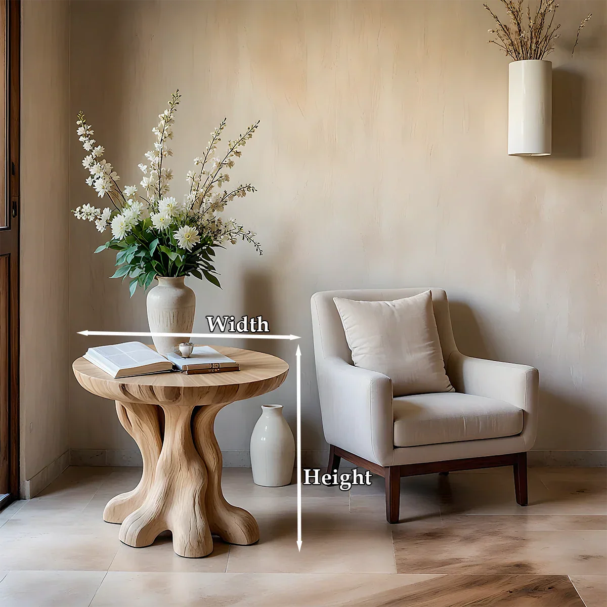 The light oak tone end table combines sculptural base detail with a clean top surface