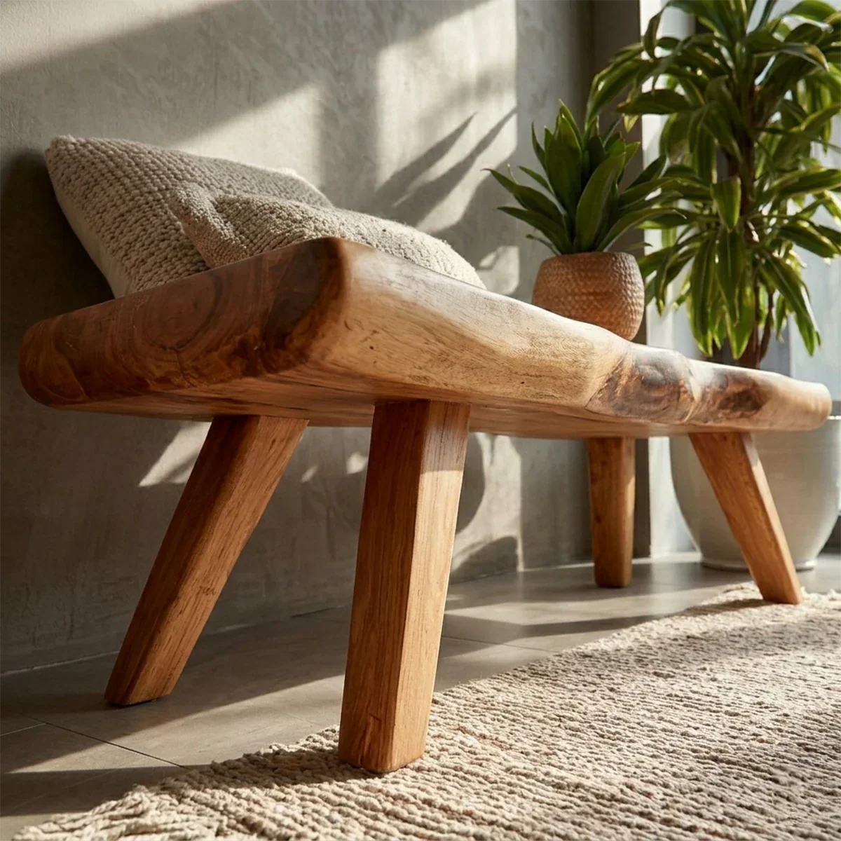 Contemporary entryway bench displaying natural live edge styling and polished oak tone finish
