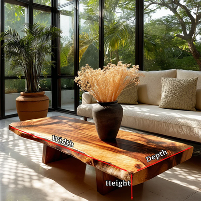 Low profile coffee table with live edge top for bright and airy modern living rooms