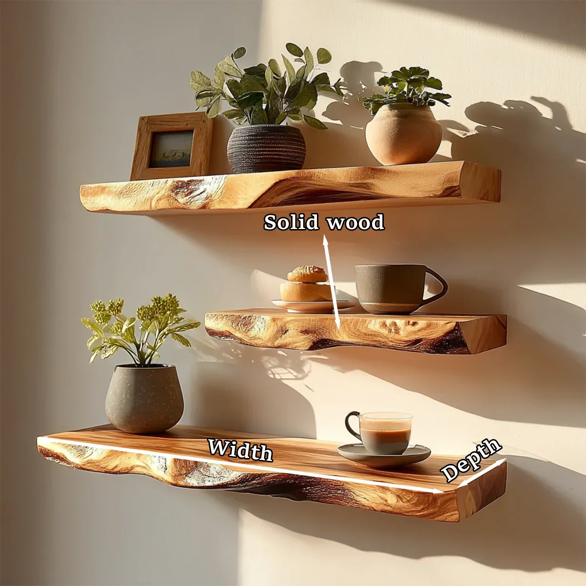 Elegant wall mounted floating shelf designed with live edge detail and refined oak tone finish