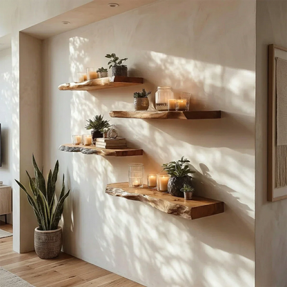 Modern wall floating shelves designed with organic slab edges and refined oak tone finish storage