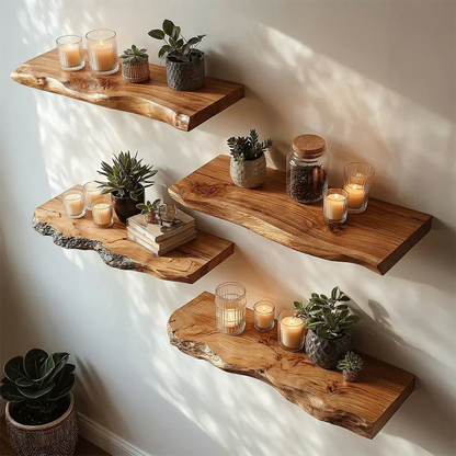 Minimalist wall mounted shelves featuring natural live edge profile and smooth oak tone finish