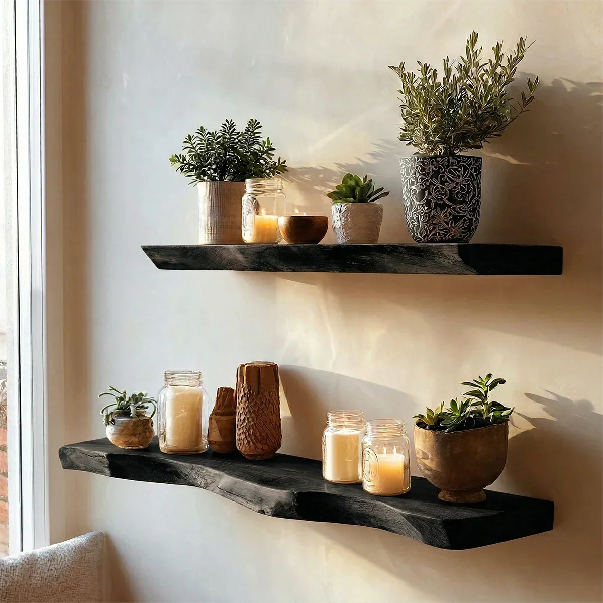 Elegant floating wall shelves designed with handcrafted slab styling and refined black tone finish