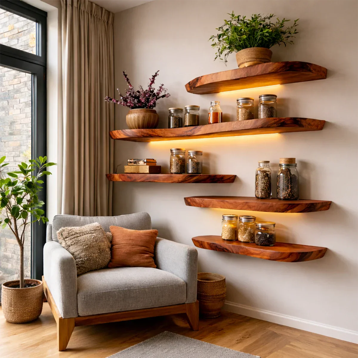 Decorative floating shelves designed with sculpted slab styling and polished brown tone finish