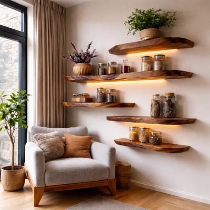 Functional wall display shelves showcasing organic slab character and refined walnut tone finish