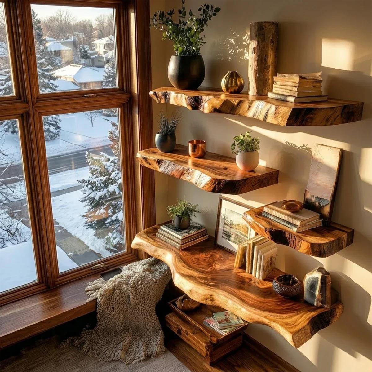 Minimalist floating shelves featuring sculpted natural slab form and smooth brown tone finish