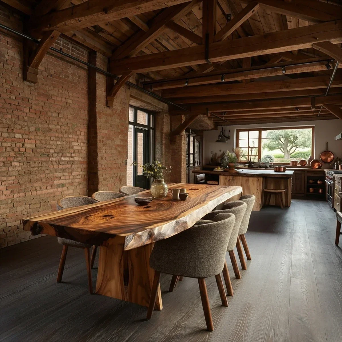 Industrial loft dining space featuring a live edge solid wood dining table with bold natural grain