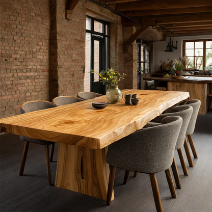 Natural wood slab dining table as centerpiece in spacious loft kitchen with exposed beams