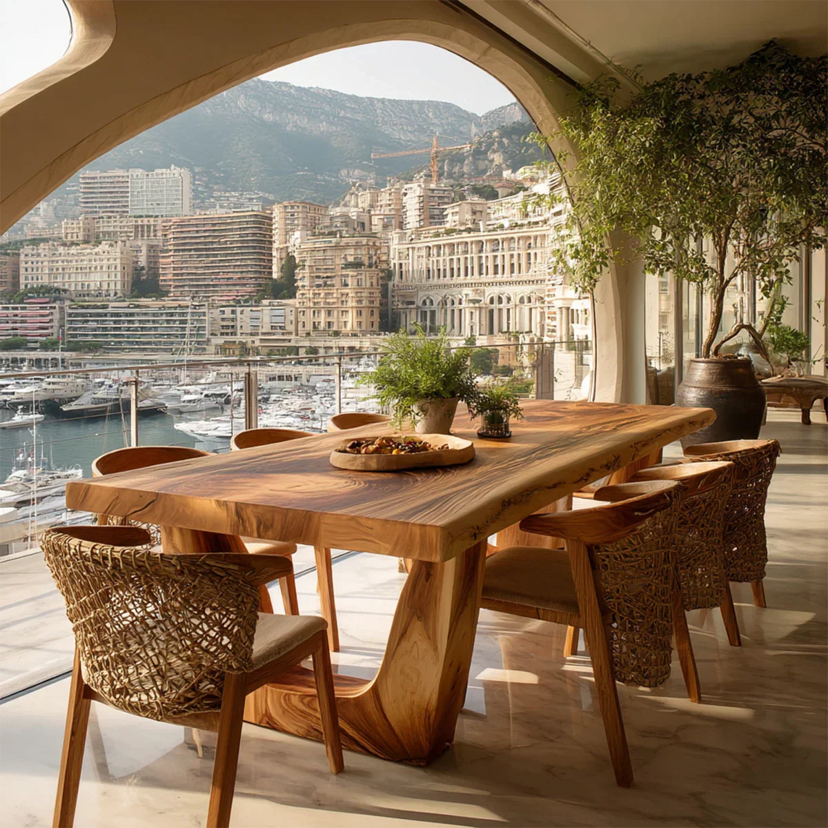 Live edge solid wood dining table with natural grain, luxury coastal home with arched architecture