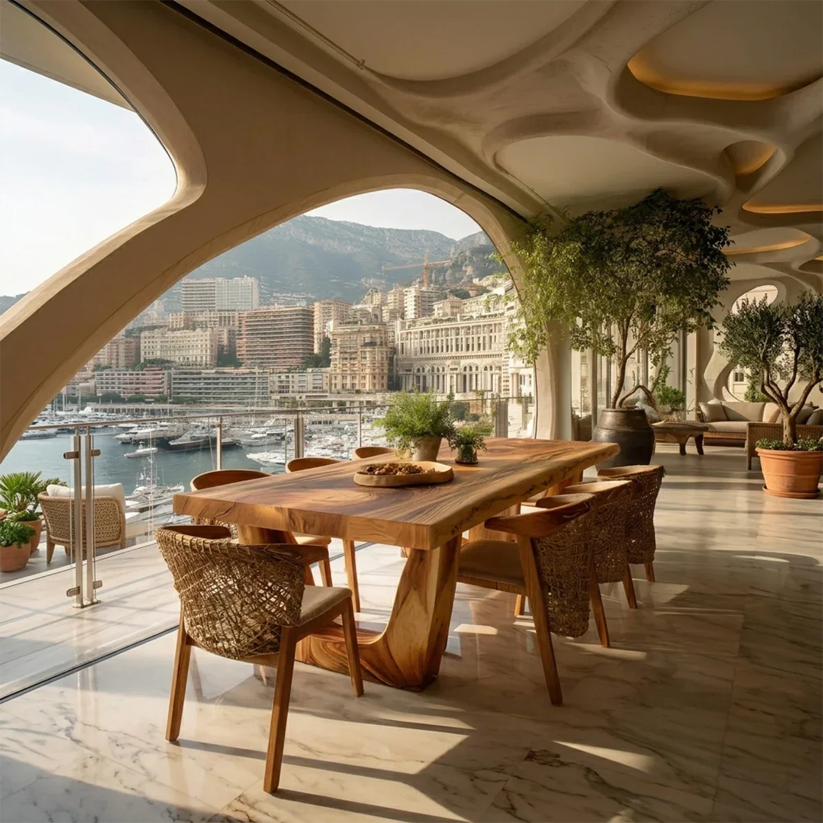 Modern dining table with organic wood slab, elegant interior overlooking marina and mountain view