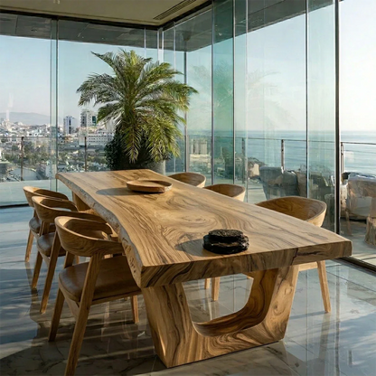 High-end wooden dining table with live edge finish, centerpiece for contemporary luxury home