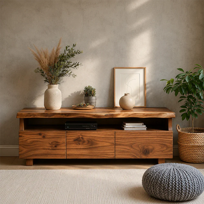 Wooden TV stand with decorative items in a room with plants and a pouf.